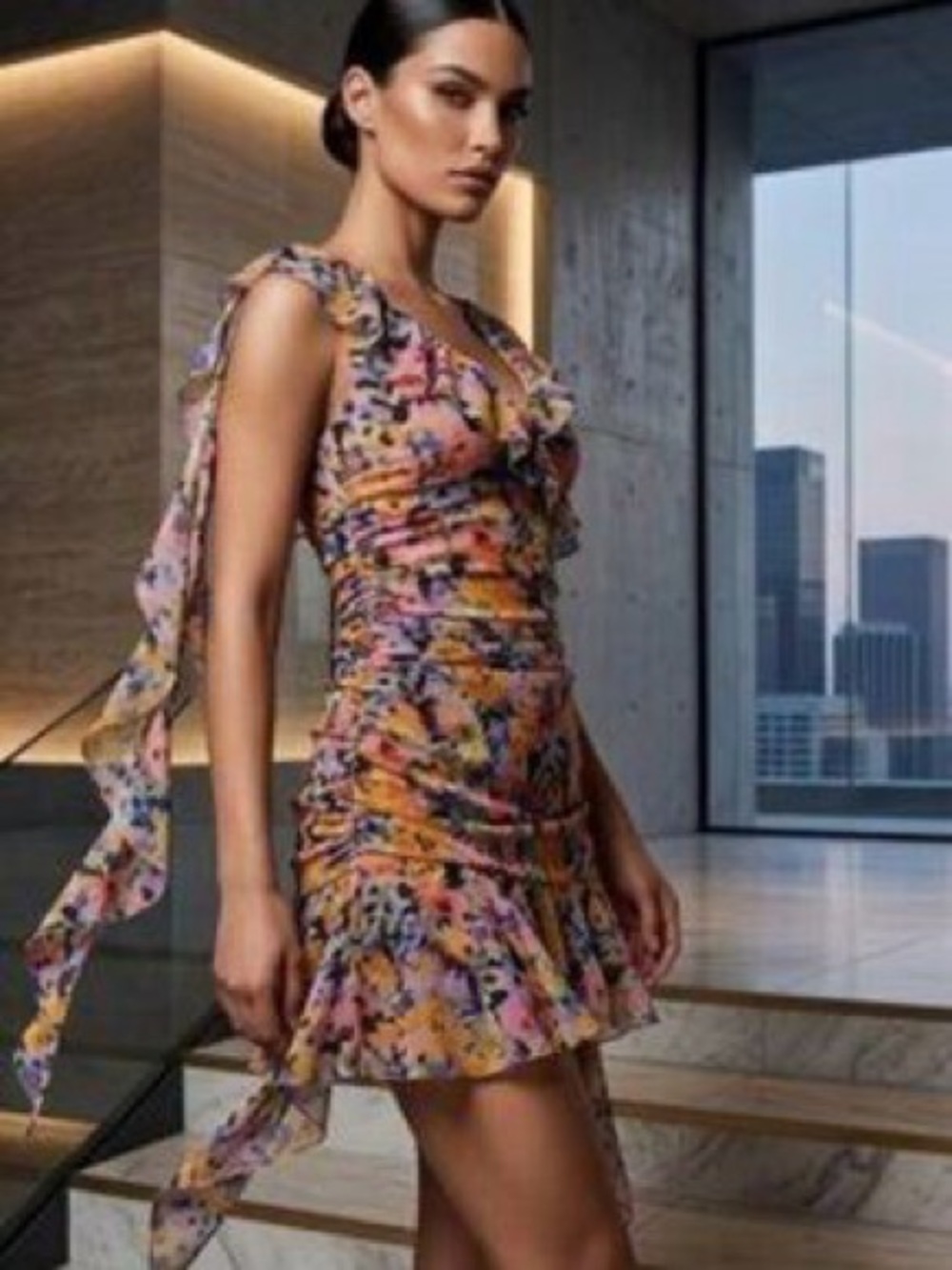 Zara Floral Print Ruffle Ruched Mini Dress in Multicolor